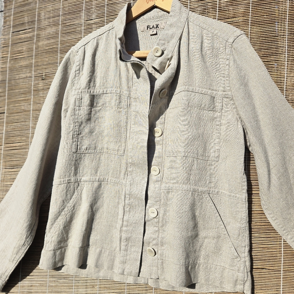 FLAX Clothing MILITARY JACKET 100% Linen Natural Beige Pockets P/4